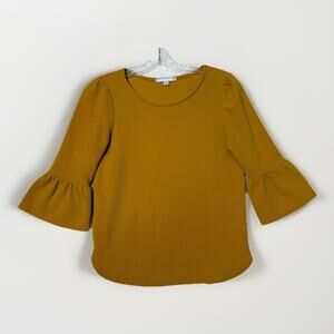 Green Envelope Peasant Top Women's S Bell Sleeves Crepe Mustard Stretch Boho